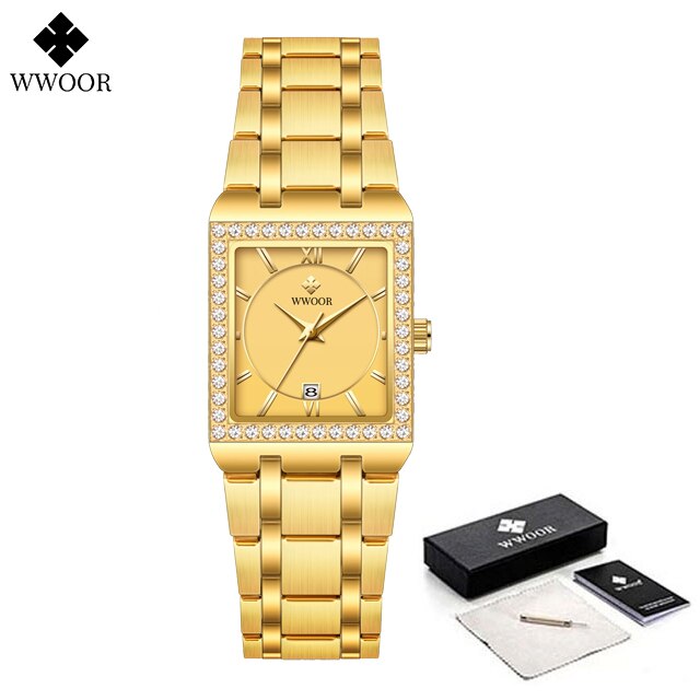 WWOOR Reloj Neue Damen Diamant Uhr oben Luxus Platz Armbanduhr Einfache Frauen Kleid Kleine Uhr Relogio feminino: Kakifarbig