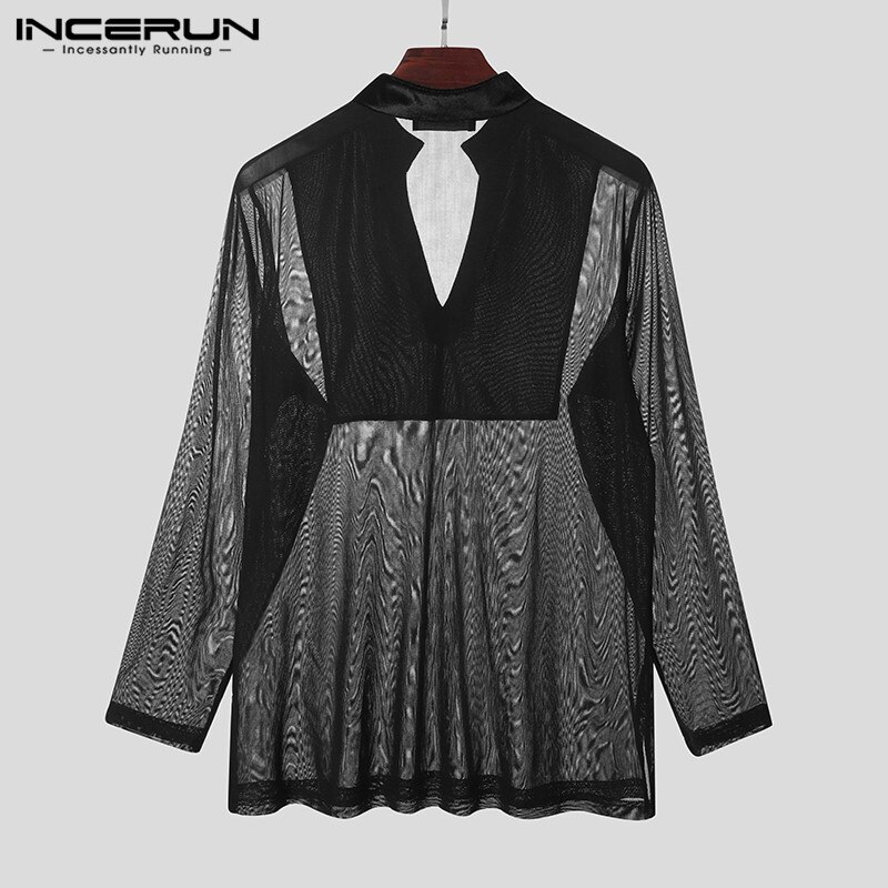 Men Long Sleeve V Neck Solid Camisa INCERUN Patchwork Shirts Men Transparent Party Nightclub Blusa Dance Shirt Plus Size