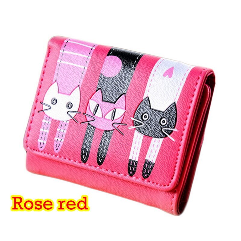 Walleta Women Ladies Girls Cat Pattern Coin Purse Short Wallet Card Holders Lovely Cat Print: Hot Pink