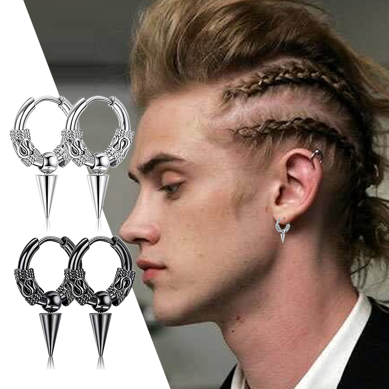 1 paire de boucles d'oreilles gothiques Punk en acier inoxydable pour hommes et femmes, Hip Hop Rock Vintage motif Dragon, cercle, bijoux