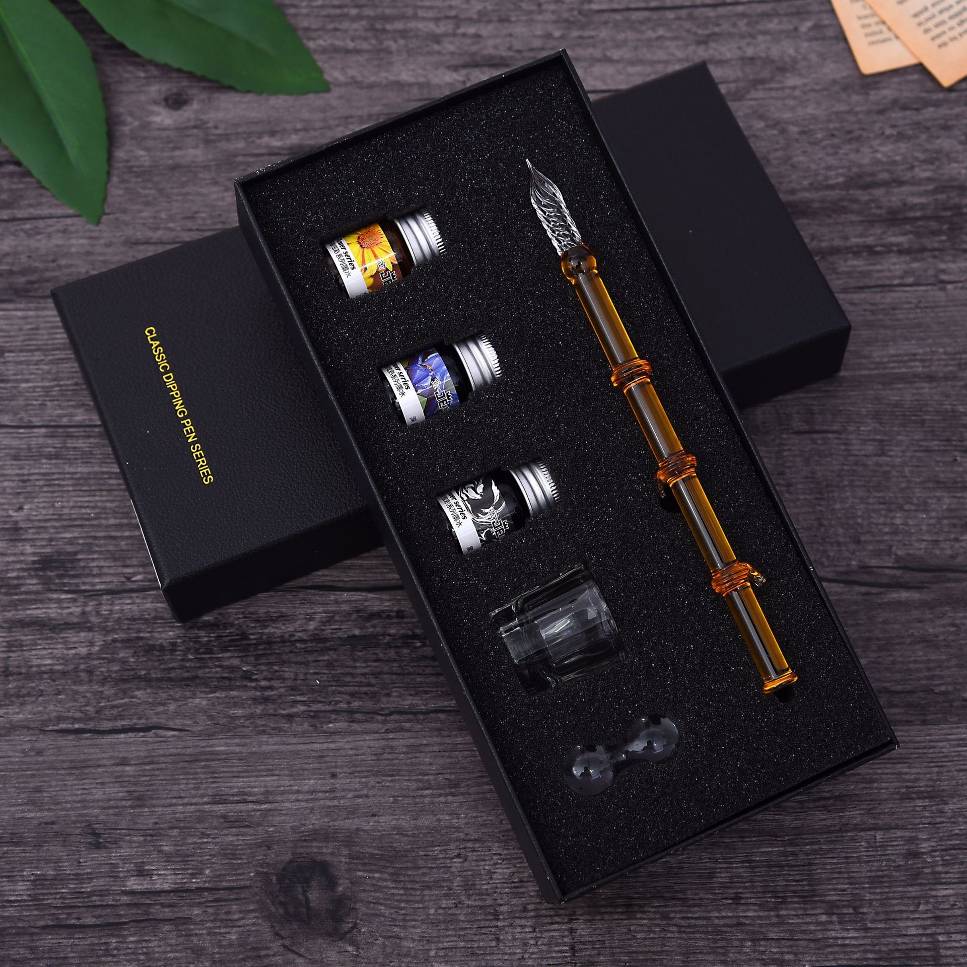 Glass Dip Pen And Ink Set Handmade Dip Pencils Box Glass Dip Pens And Blue Bamboo Style Pens: Brown