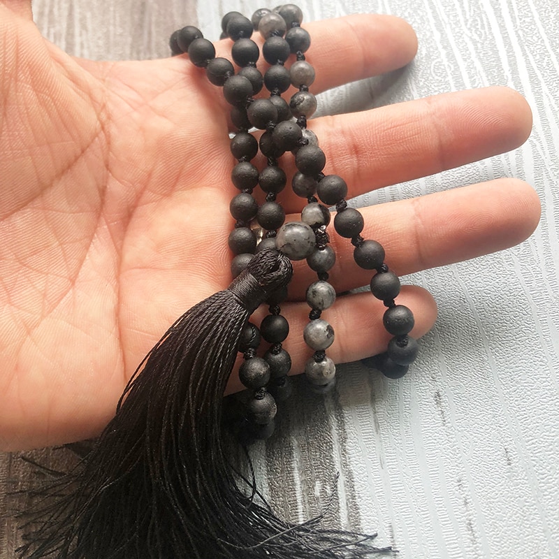 6mm Gebetskette Mala Quaste Schmuck Schwarz Onyx Und Labradorit Perlen Buddhistischen Halskette 108 Perlen Geknotet Boho Halskette Für männer