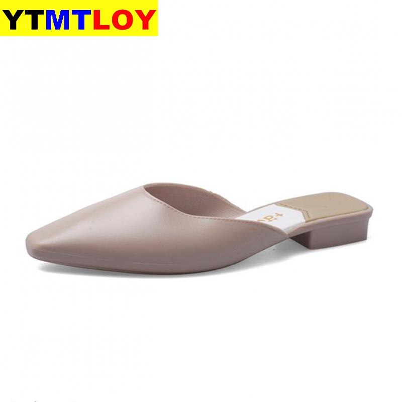 Sommarlägenheter mulor dam sandaler skärp slip on spetsig tå kvinnor utomhus skor kvinnor låga klackar ledig platt med dam sandaler
