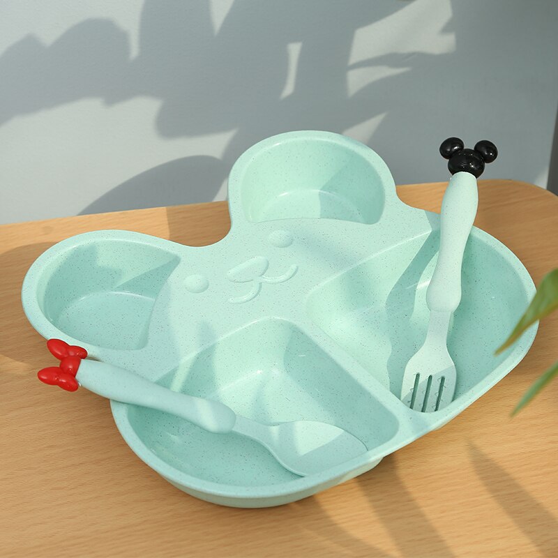 Wheat Straw Children Cartoon Bear Tableware Set Baby Dinner Plate Feeding Dishes Baby Training Bowl Spoon Fork for Kids Eating
