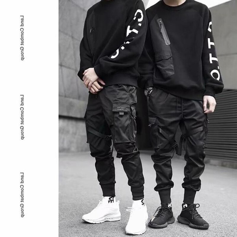 Hip Hop Boy Multi-pocket Elastic Waist Harem Pant Men Streetwear Punk Casual Trousers Jogger Male Dancing Black Pant
