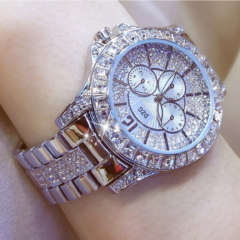 Women Watch with Diamond Watch Ladies Top Luxury Brand Ladies Casual Women&#39;s Bracelet Crystal Watches: Silver