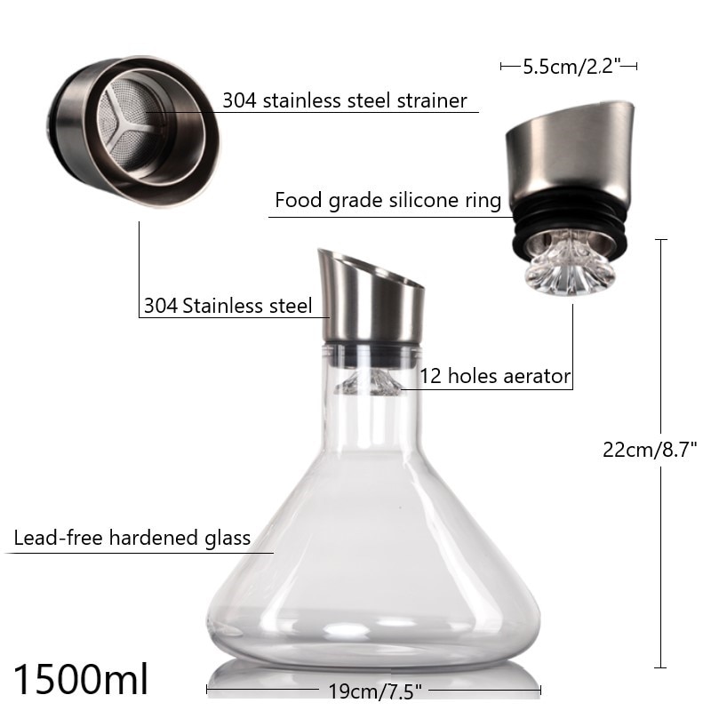 Fast Breathing Wine Decanter with Stainless Steel Aerator Leadfree 100