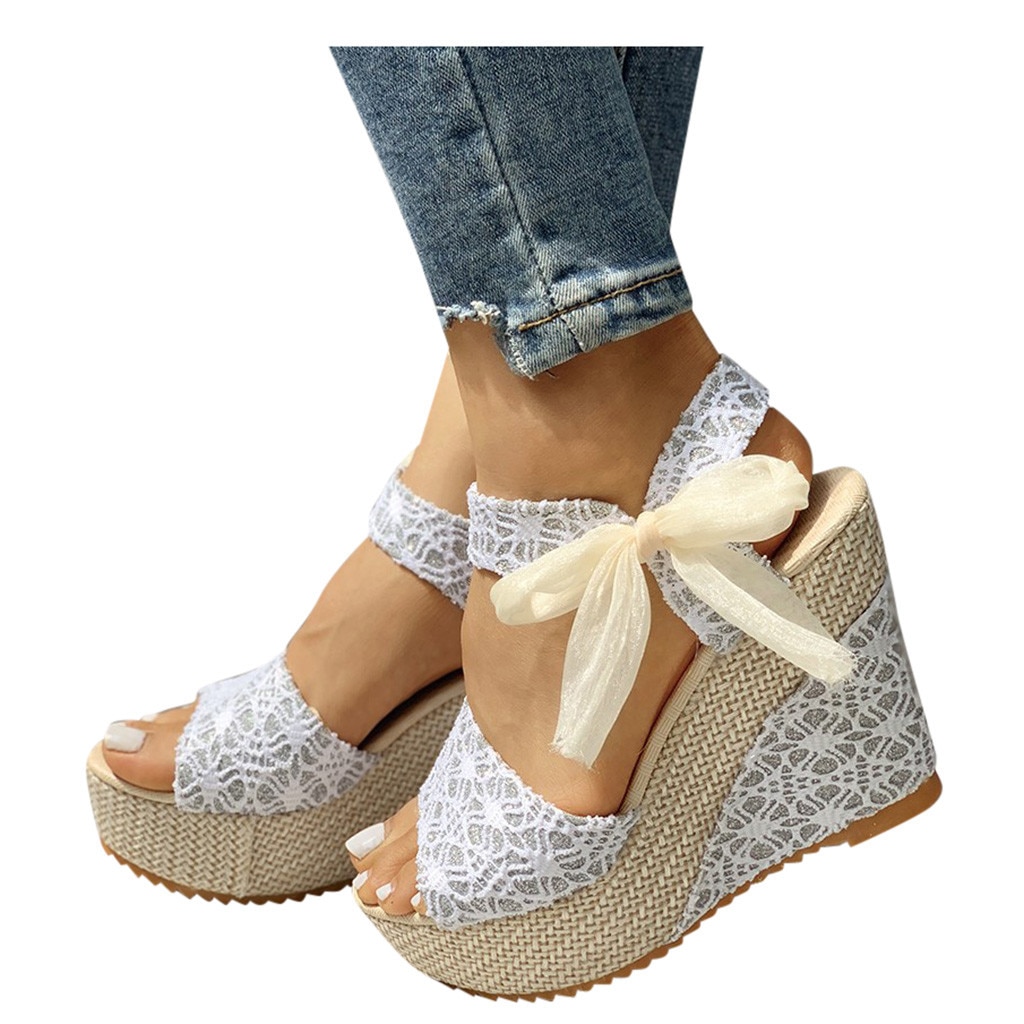 Kobiety moda lato platforma sandał na koturnie kostki pasek kwiat sznurowane buty obuwie Party szpilki Chaussures Zapatos De Mujer: WHITE / 38