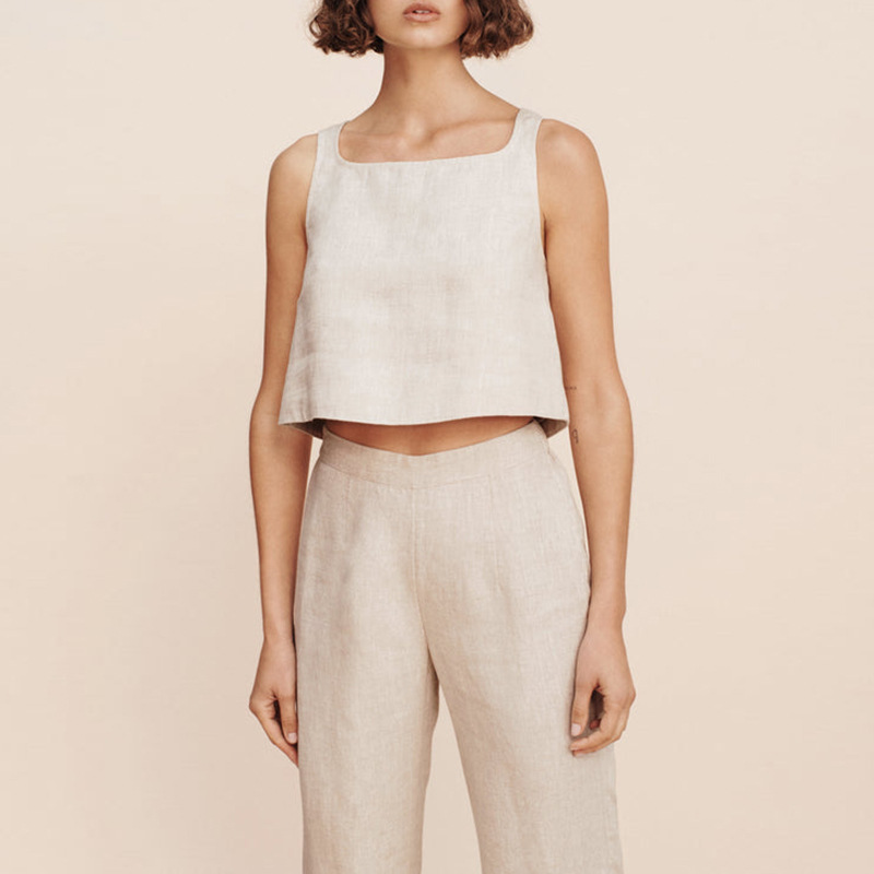 100%  ærmeløse crop tops med firkantet hals i linned til kvinder, elegant temperament, afslappet, løs, dame, sommer, korte seler, toppe: L / Sort