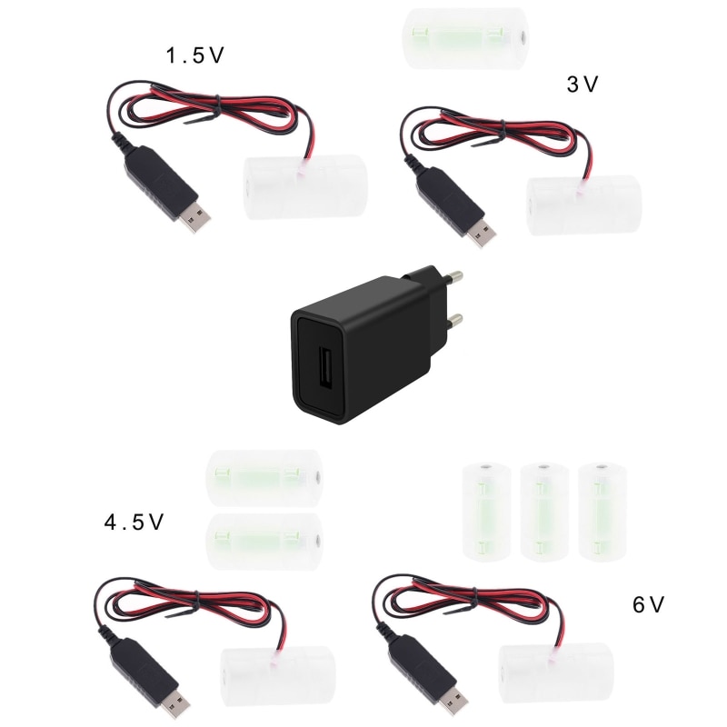 Eu Plug Usb Batterij Voeding Adapter Kan Vervangen 1 Tot 4 Stuks 1.5V 3V 4.5V 6V C Size LR14 Batterij Eliminator Met 1M Kabel