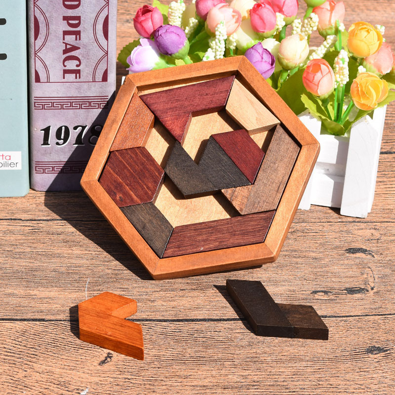 Classic hexagonal tangram puzzle made of wood, brain teasers for children, logic puzzles, casse tete rompecabezas de madera
