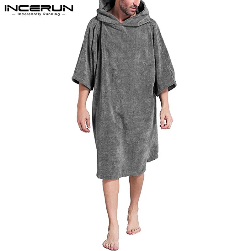 Men Bathrobes Solid Hooded Half Sleeve Leisure Towel Robes Comfortable Homewear Mens Nightgown Bathrobes Poncho INCERUN S-5XL