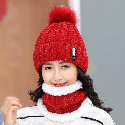 Dikke voering plus fluwelen winter dames pompon gebreide muts ring sjaal sets dames merk mutsen mutsen warme dames ring sjaal: Rood -1
