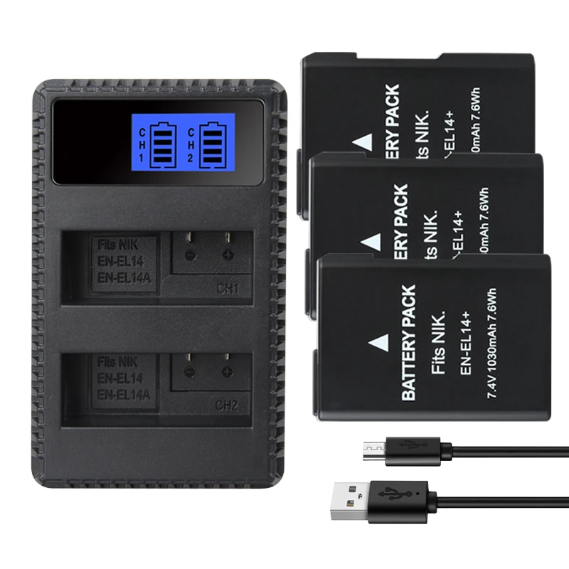 EN EL14 1030mAh Batteries EN-EL14 pour Nikon D5100 D5200 D5500 D5600 D5300 P7200 P7700 P7100 D3100 D3200 D3300 chargeur de batterie: Bleu