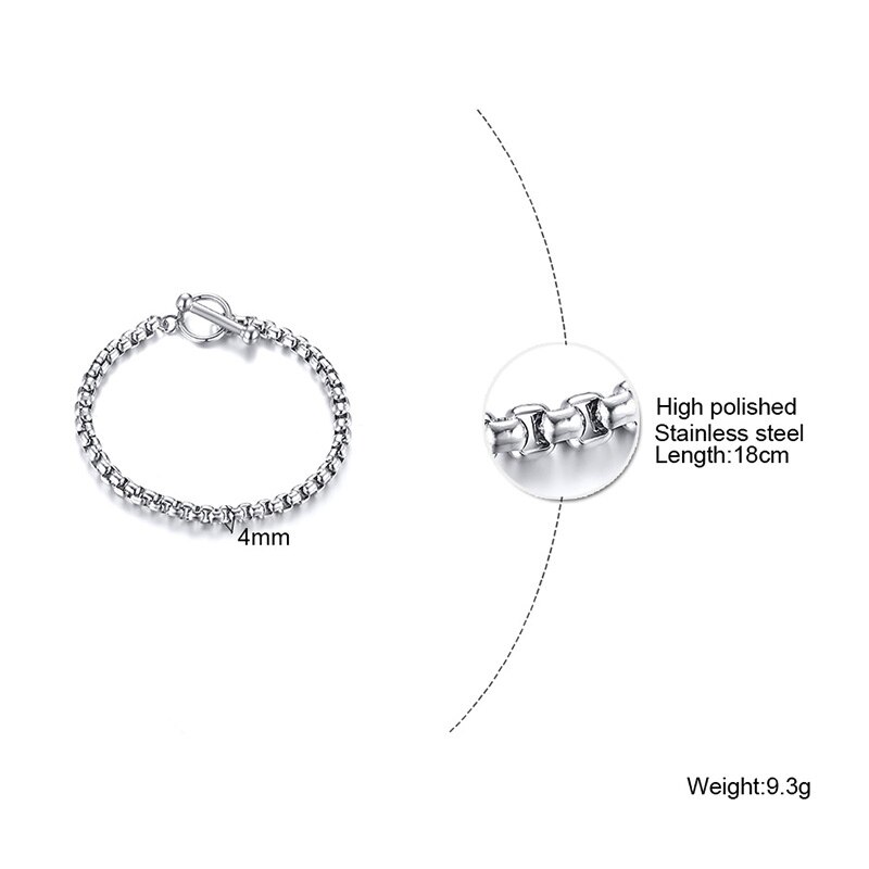 4 à 6MM boîte ronde chaîne BRACELET 6.3 à 8.26 pouces d'épaisseur en acier inoxydable boîte lien chaînes pour hommes femme bijoux: 4MM 18CM