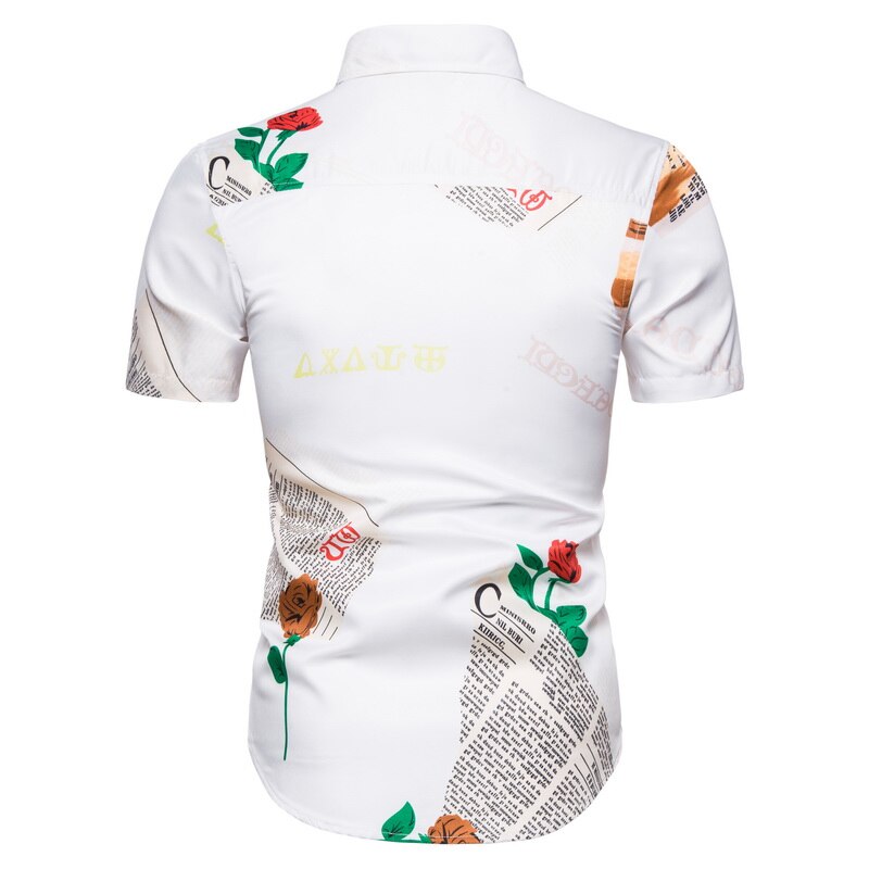 Vintage hvid skjorte mænd kortærmet sommer rose blomster bogstavtryk chemises steampunk skjorte herre årsagsferie streetwear