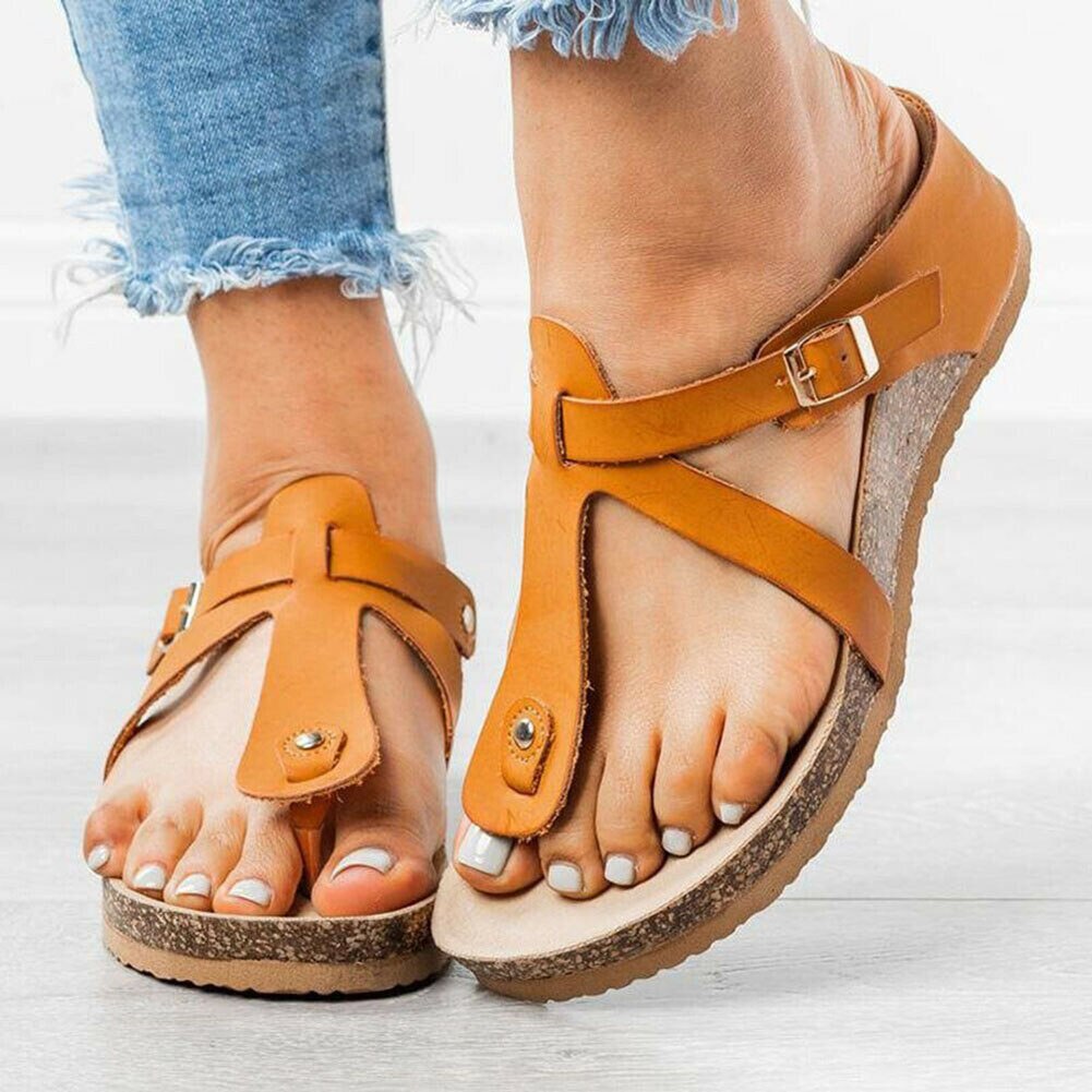 Women Summer T-Strap Cork Sandals Soft Footbed Sandals Shoes Women Slippers Flat Sole Casual Soft Big Toe Foot Sandal
