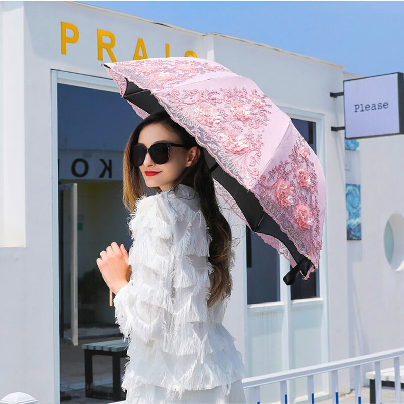Lace Umbrella Rain Women Folding Flower Double Layer Umbrellas Black Coating Anti UV Parasol Wedding Umbrellas UBY85