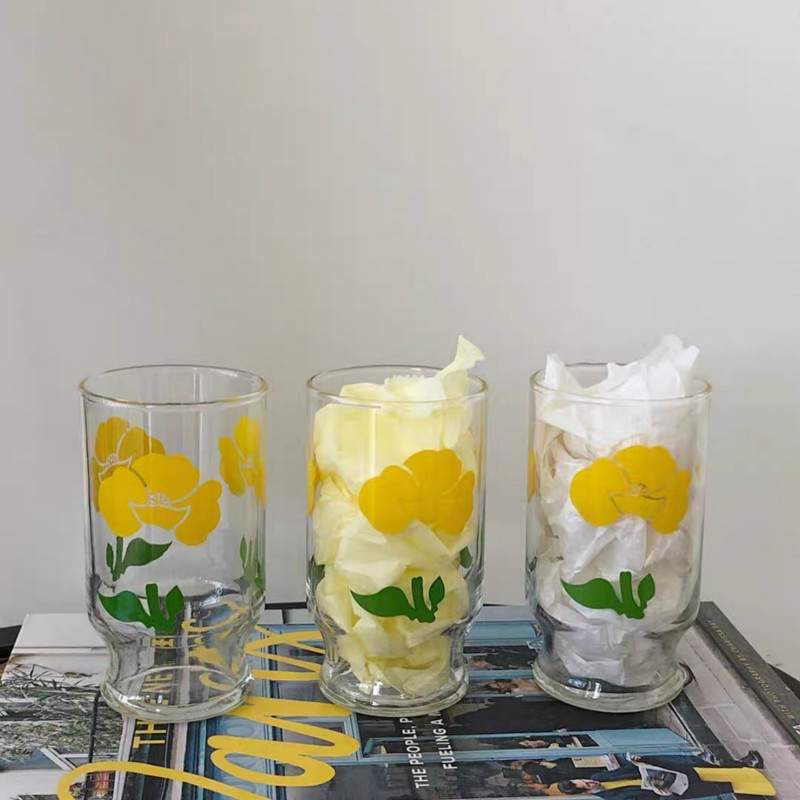 Taza de vidrio usada de Japón y Corea del Sur de 350ML, vaso de vidrio pintado a mano de flor de tulipán, taza de leche de café, taza gruesa impresa en amarillo