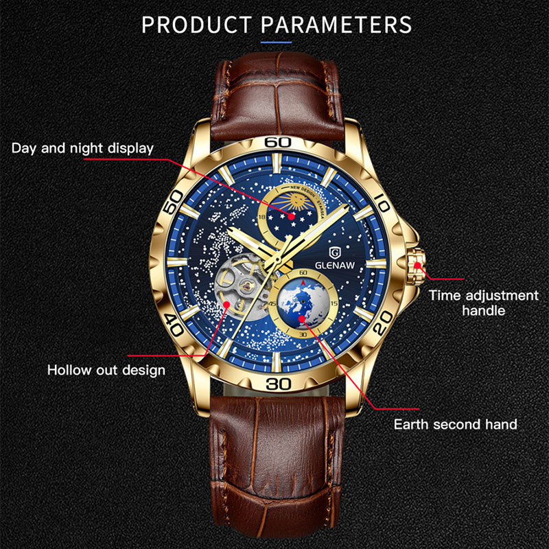 GLENAW Rotierende Erde Doppel Sekundenzeiger Armbanduhr Männer Automatische Mechanische Uhr Sternenhimmel Edelstahl Leder Armband