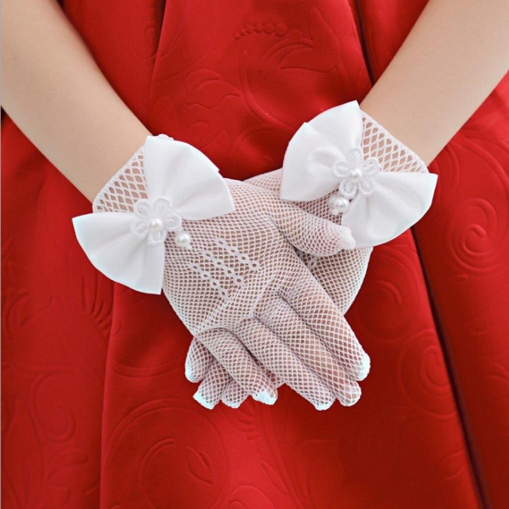 Infant Baby Children Girls Pageant Dance Princess Birthday Party Lace Gloves White Mesh Bowknot Pearls Wedding Glove Age 4~16