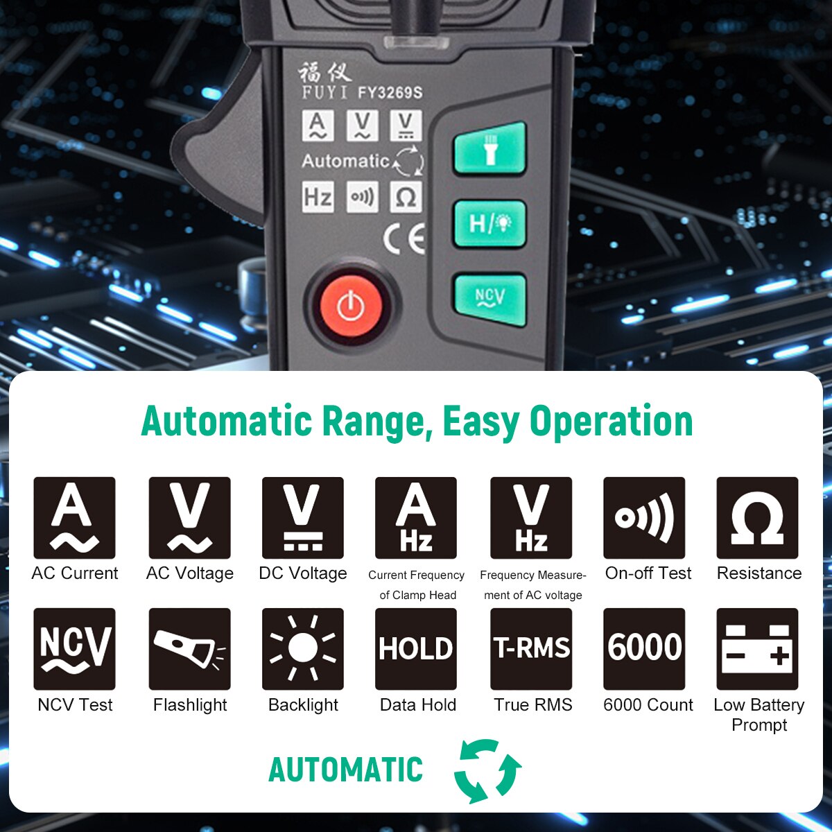 FUYI Multifunctional AC Clamp Meter 6000 Count Dual Parameter Display Clamp Multimeter True RMS AC Current Clamp Ammeter