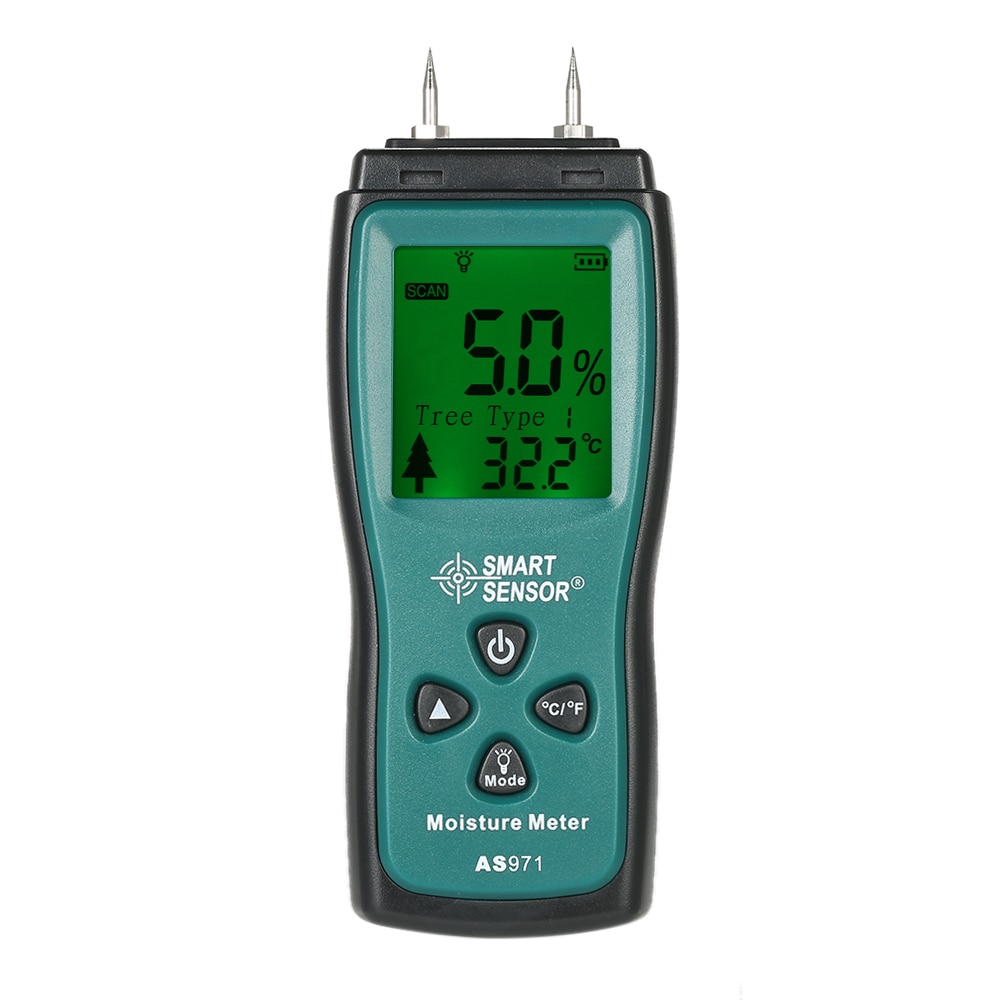Wood Moisture Meter 4 kinds of Tree Type LCD Backlight Lumber Damp Meter Data Hold 2 Pin Probe Range 2%~70% AS971