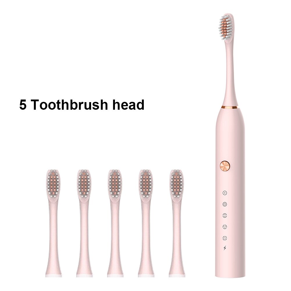Powerful Ultrasonic Sonic Electric Toothbrush USB Rechargeable Toothbrush Adult Electronic Washable Whitening relax Teeth Brush: Pink 5 Heads