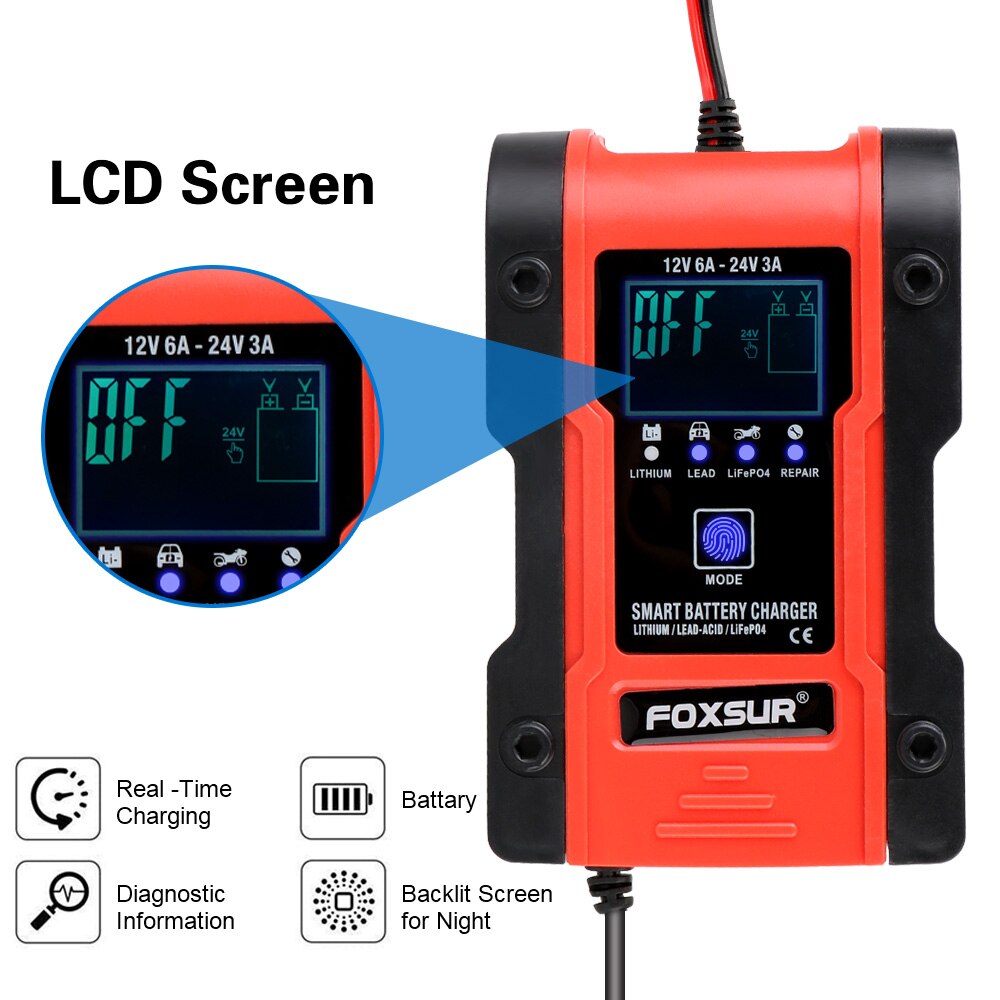 LEEPEE – chargeur Intelligent de batterie de voiture 12V-24V, 6a, entretien et désulfatage d'impulsions, pour batterie au plomb, Agm Gel