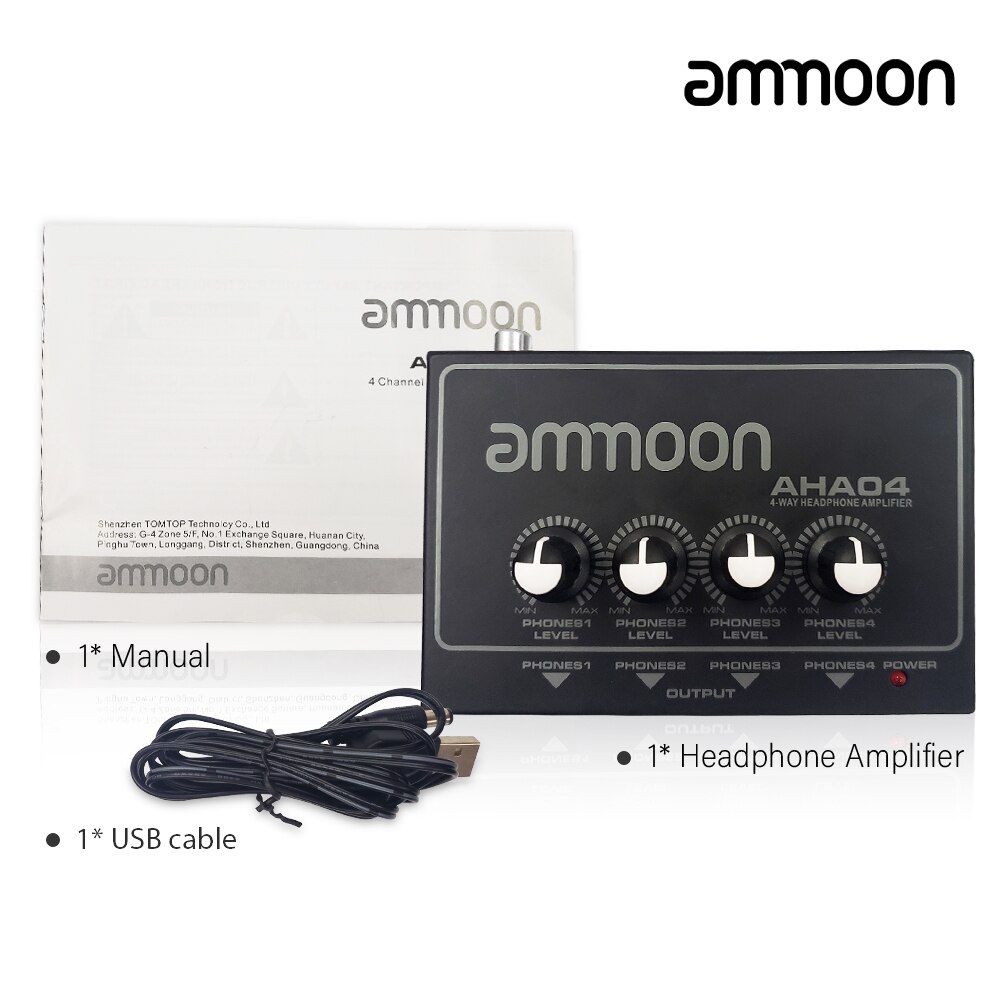 ammoon Headphone Amplifier Amp AHA04 Portable 4-Way with 1/4 inch & 1/8 inch Inputs Outputs RCA Stereo Input Volume Control