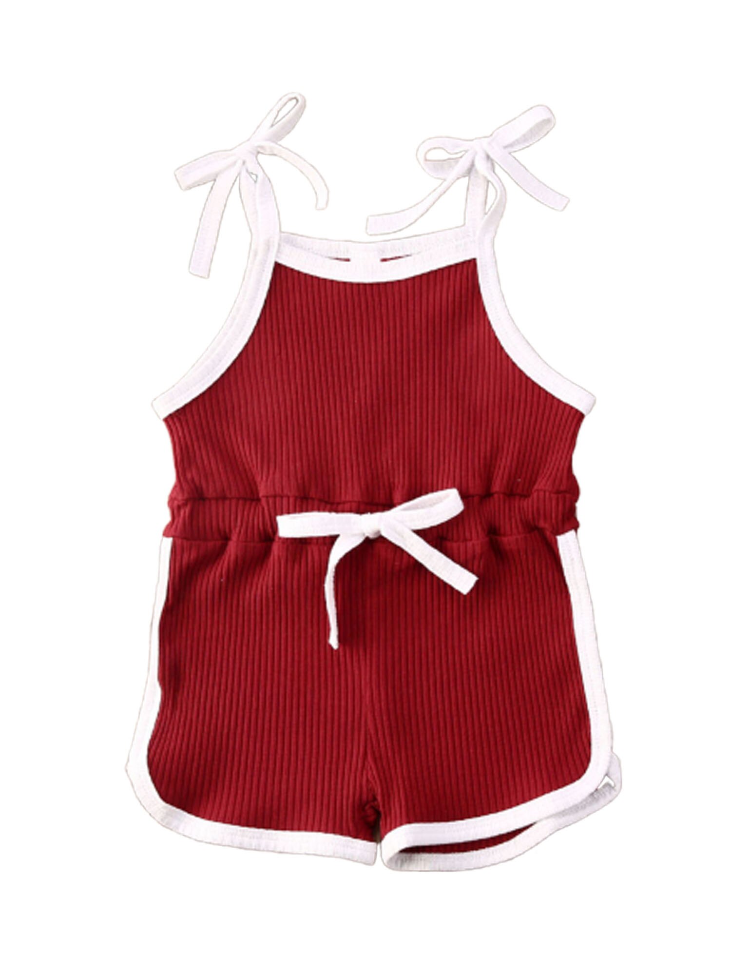 Summer Infant Baby Girls 12M-6T Rompers Overalls Solid Sleeveless Belt Jumpsuits Lovely Clothes 4 Colors: Burgundy / 18M