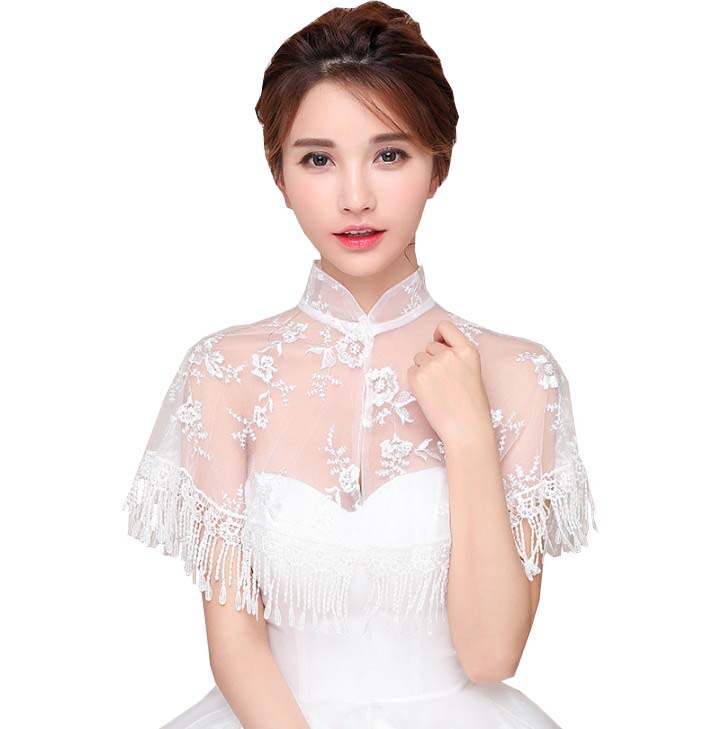 Efterår tynde blonder højhalset bryllupstilbehør cheongsam bolero korte aftenkapper elfenben sorte røde jakker kvinder wrap
