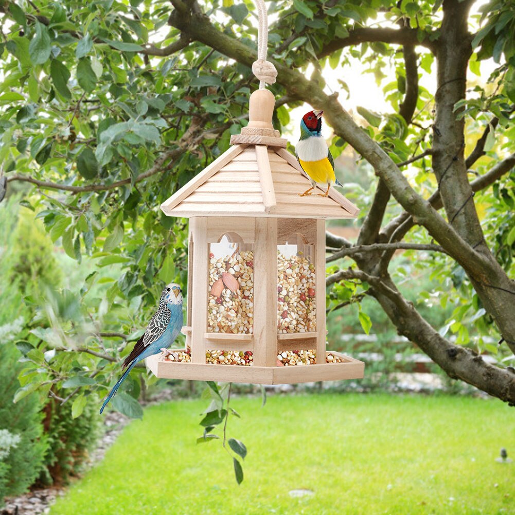 Wooden Bird Feeder House Nest Wild Bird Feed Dispenser Wooden Bird Feeder Bird House With Roof Bird Home Garden Yard Decoration