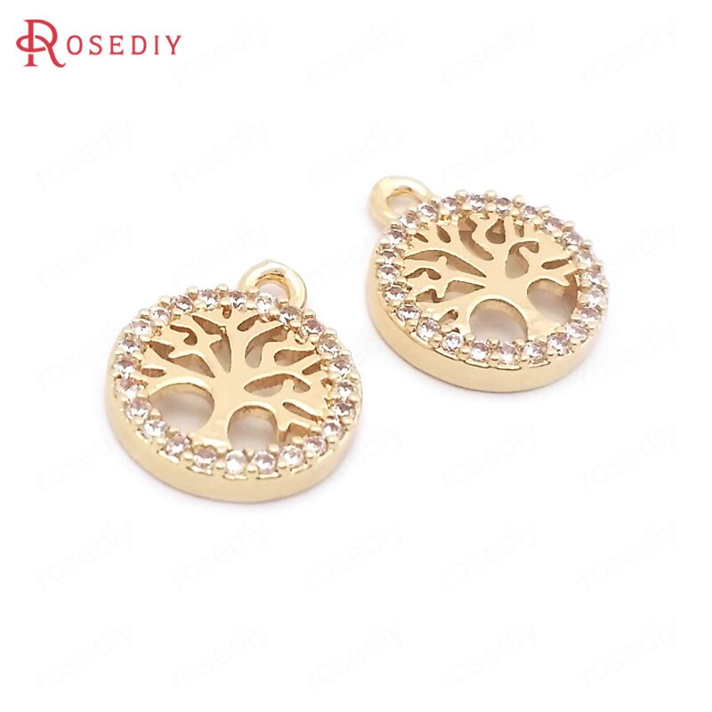 (38554)6Stck 12,5x10,5 MM 24K Champagner Gold Farbe Durcheinander und Zirkon Runde Baum Reize Anhänger Schmuck Machen liefert Erkenntnisse