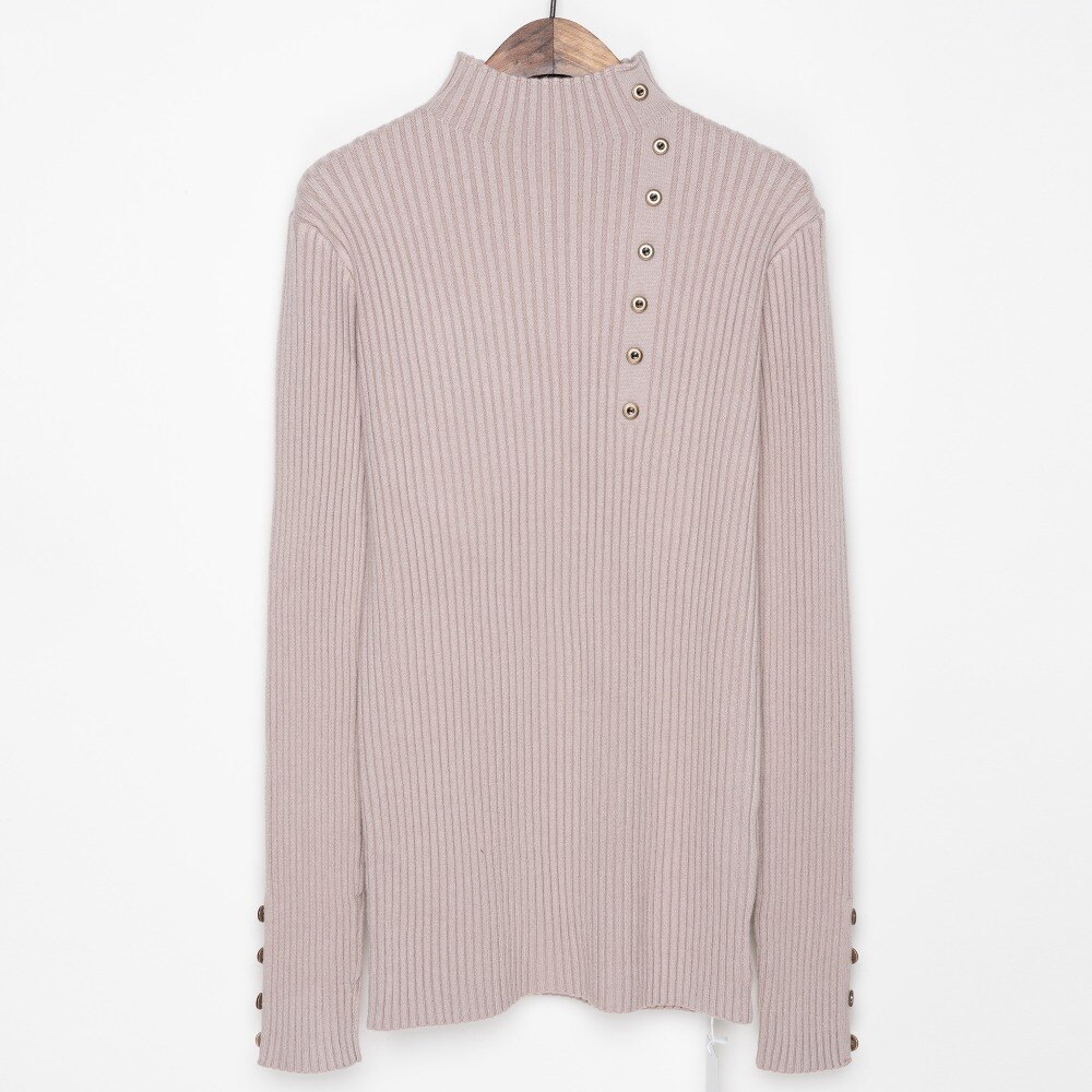 Geribbeld Mock Hals Trui Vrouwen Winter Gebreide Lange Truien Vrouwen Trui Jumper Met Zijknoppen