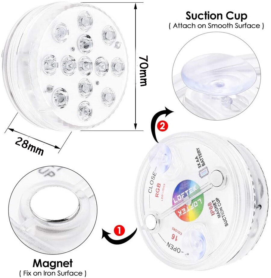 13 LED RGB Submersible Light with Suction Cups and Magnets IP68 Waterproof Fountain Swimming Pool Light Underwater Night Lamp