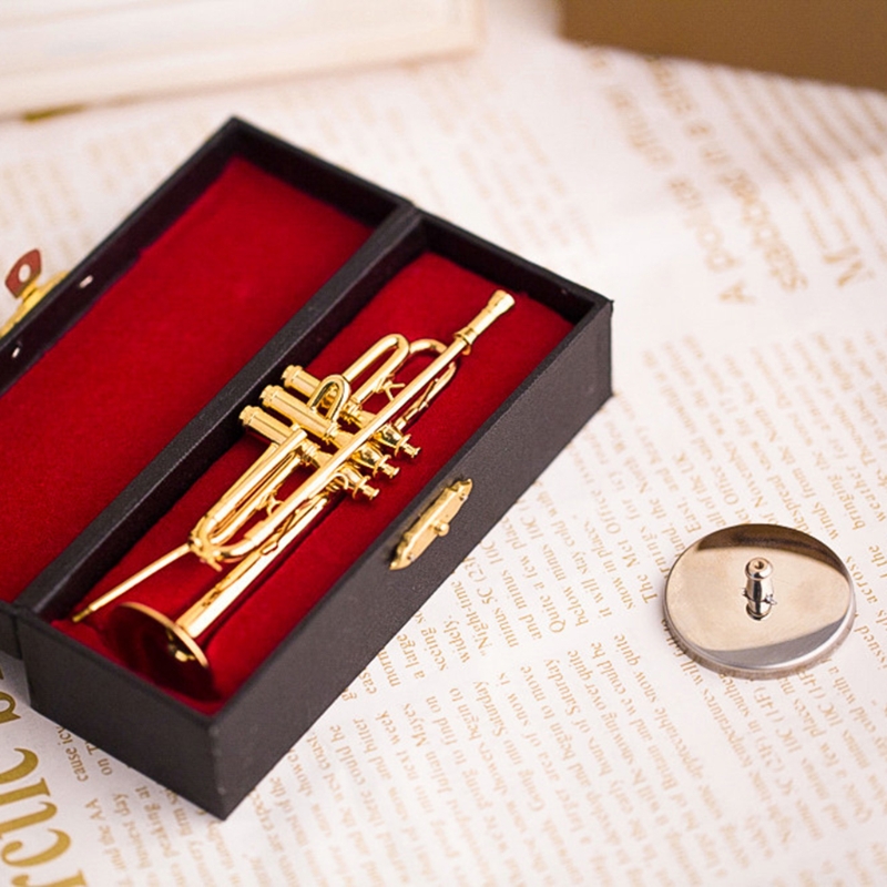 Mini Trombone Trompet Saxofoon Koperen Vergulde Model Ornament Met Stand &amp; Box Voor Miniatuur Musical Woondecoratie