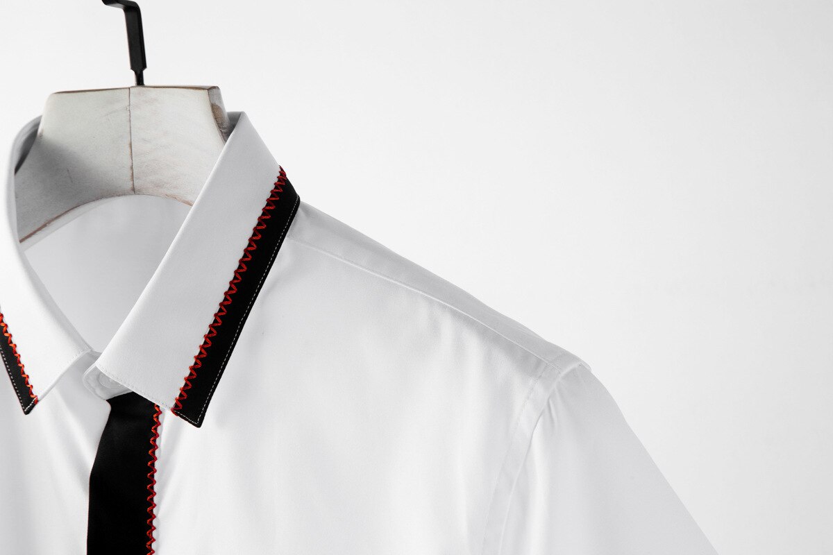 Minglu sort hvid splejsning herreskjorter kontrastfarve broderi kortærmede herre kjole skjorter plus størrelse 3xl 4xl festskjorter mand