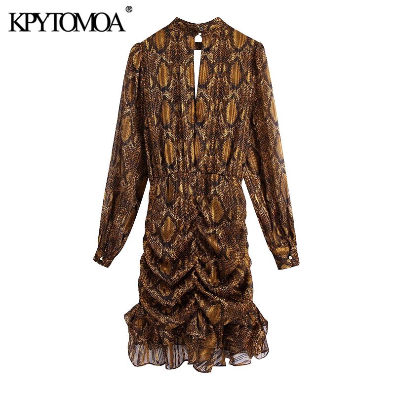 KPYTOMOA-Vestido corto con estampado de serpiente para Mujer, minivestido con volantes, cuello alto clásico, cintura elástica,