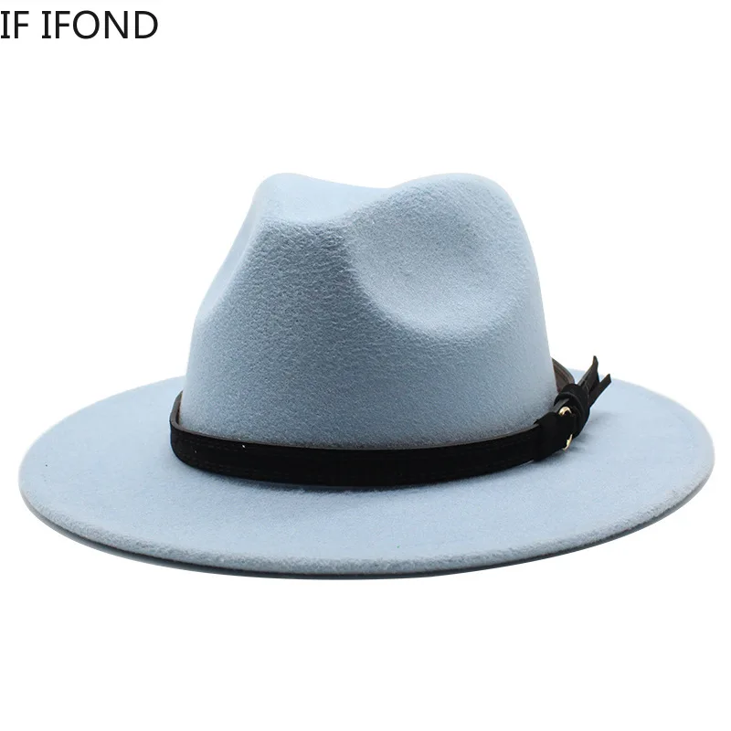 Sombrero Fedora de fieltro Gangster Trilby, gorras de Jazz de ala ancha europea americana, sombrero de boda blanco de lana para hombres y mujeres, 56-58-61CM