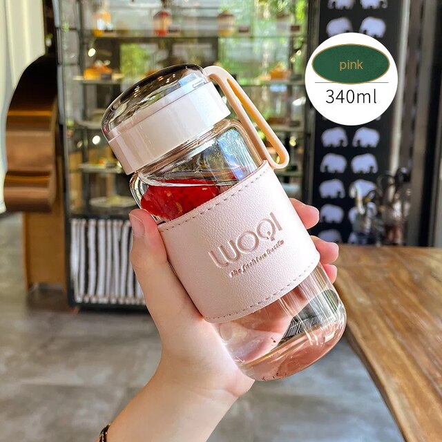 Botella de cristal portátil resistente al calor, 340ML, 480ML, para bebidas, agua fría, zumo, té, con tapa de tornillo, filtro, red fácil de llevar: pink 340ml