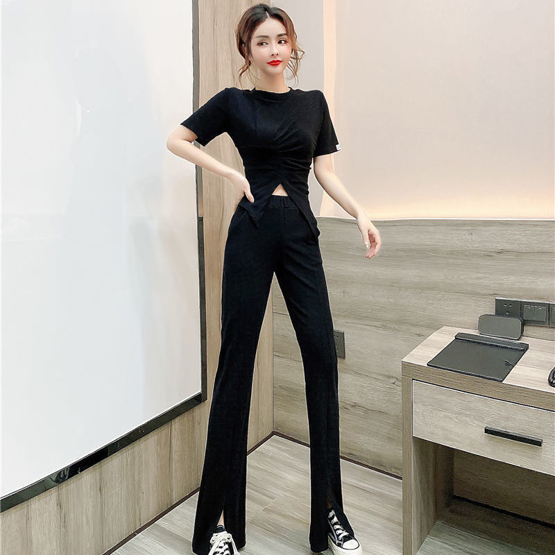 Women Summer Two-piece Suits Female O-neck Irregular Tops Ladies High Waist Split Slim Trousers Sets I86