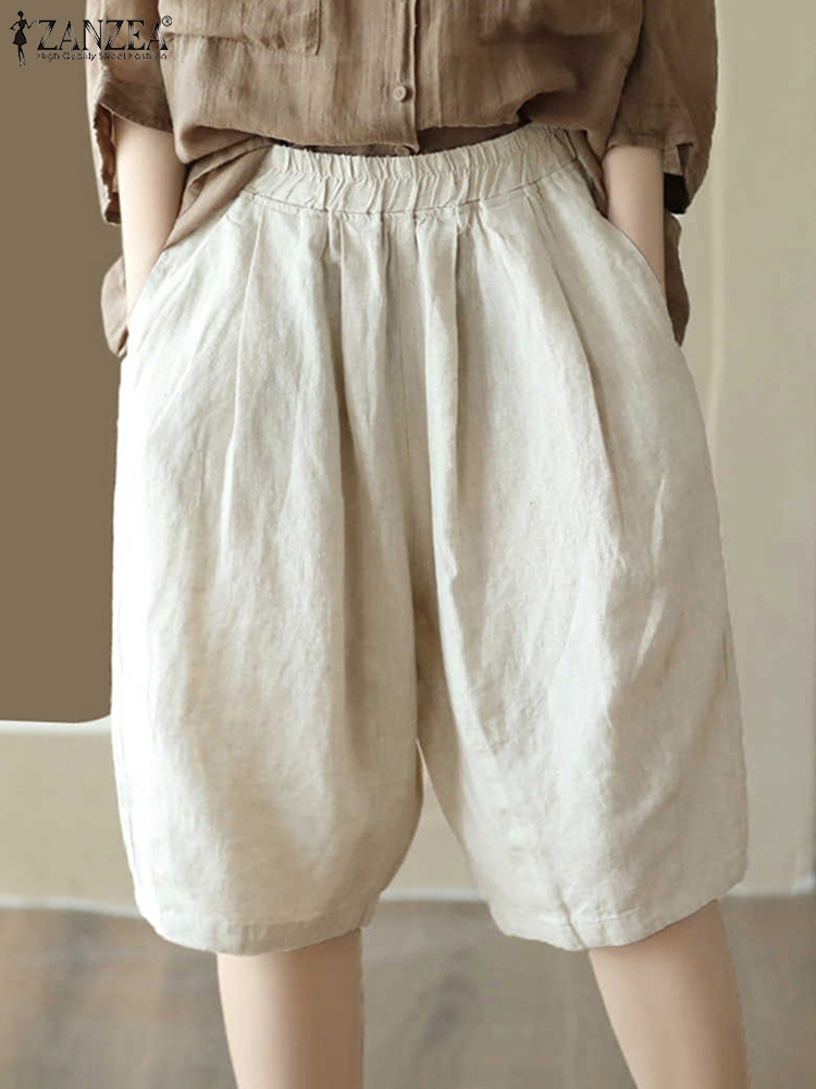 Zanzea sommar koreanska pantalons dam korta byxor elastisk midja veckade shorts avslappnade lösa bomullsbyxor: Xxxl / Beige