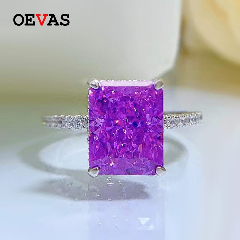 Oevas 100% 925 Sterling Zilver 8*10Mm Paars Hoge Carbon Diamond Radiant Cut Ringen Voor Vrouwen Sparkling Wedding fijne Sieraden