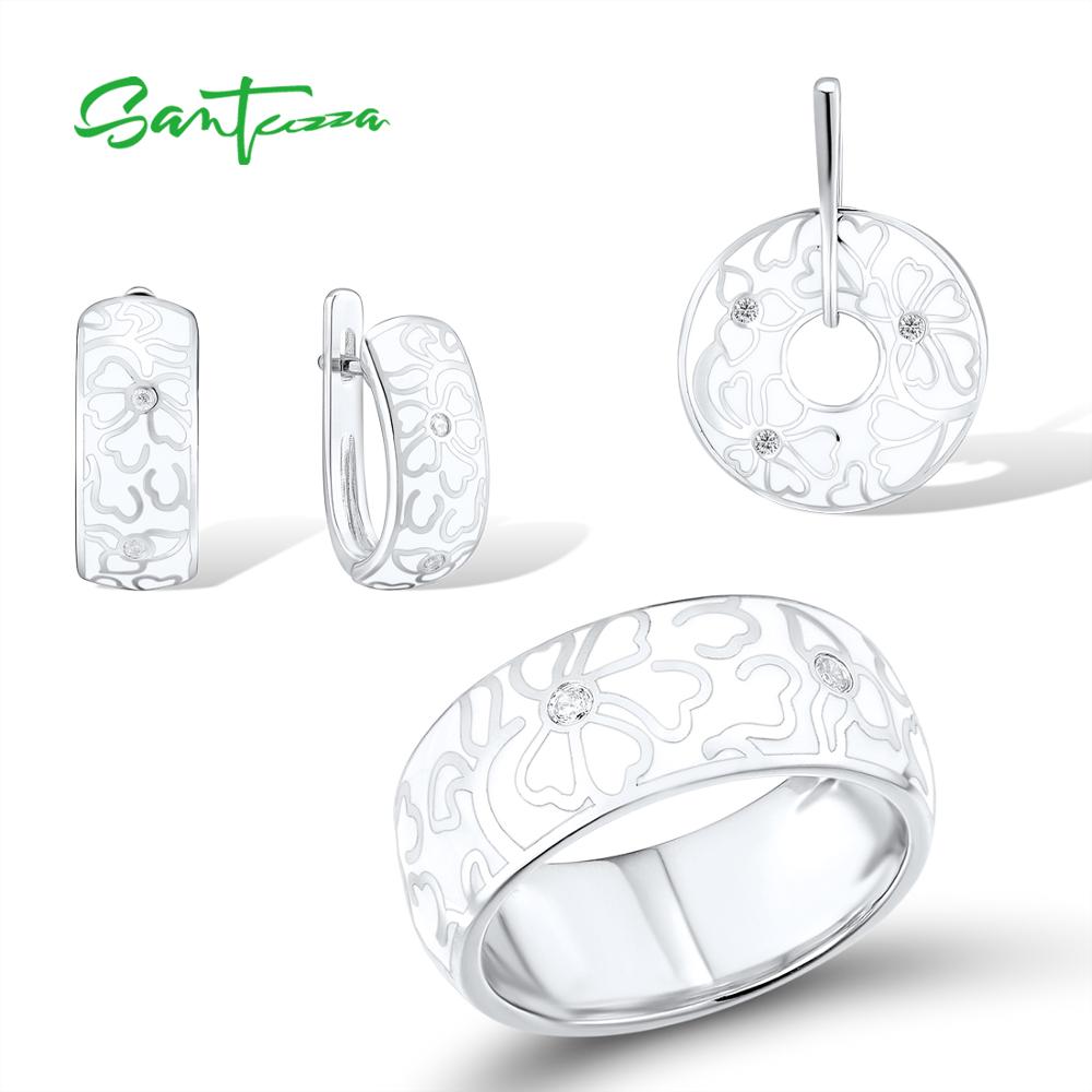 SANTUZZA Jewelry Set For Women Genuine 925 Sterling Silver HANDMADE Enamel White Flower CZ Ring Earrings Pendant Jewelry