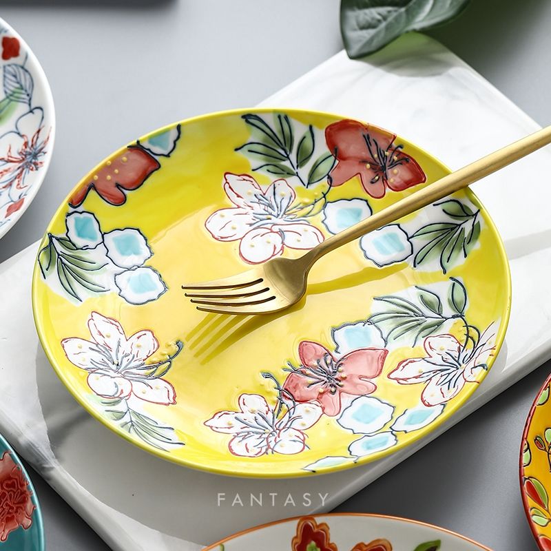 Foreign Trade Authentic Tableware Hand-Painted Relief Glazed Plate High-End Kitchen Plate Salad Steak Plate Sushi Plate