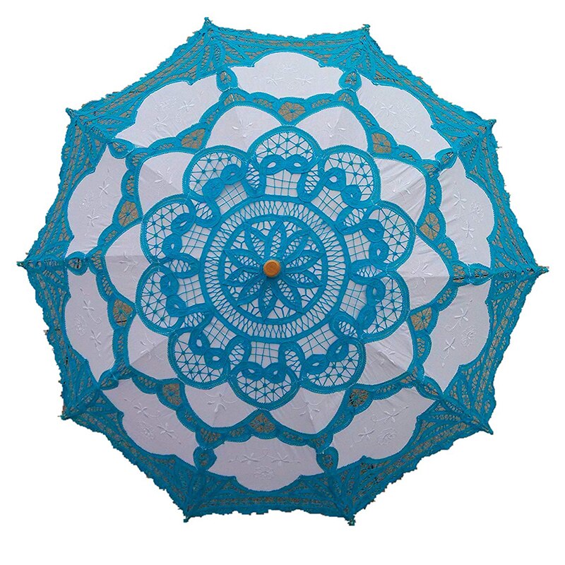 Kant Bruids Paraplu Parasol Zwart Rood Wit Katoen Zonnescherm Voor Bruid Houten Handvat Bruiloft Decoratie Paraplu: Blauw