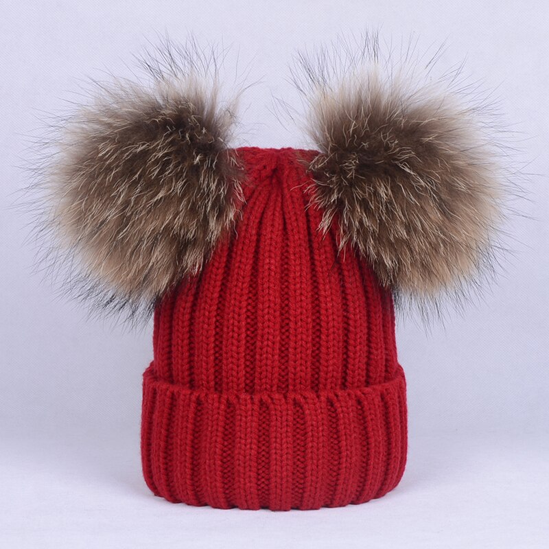 Gorro de dos pompones peludos de invierno para niños, gorro bonito tejido para niñas y niños, gorro cálido de punto para Gorros de bebé, gorro cálido para niños