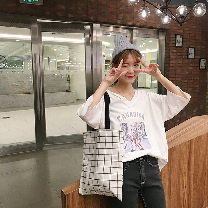 Women Canvas Tote Bag Cotton Plaid Print Shopping Bags Foldable Female Handbag Reusable Eco Beach Shopper Bag: white