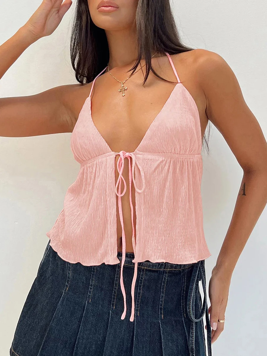Kvinnor  y2k framknytade crop tops halterneck böljande plisserad sommartopp för utekvällar sexig slitsad ärmlös cami-tröja streetwear